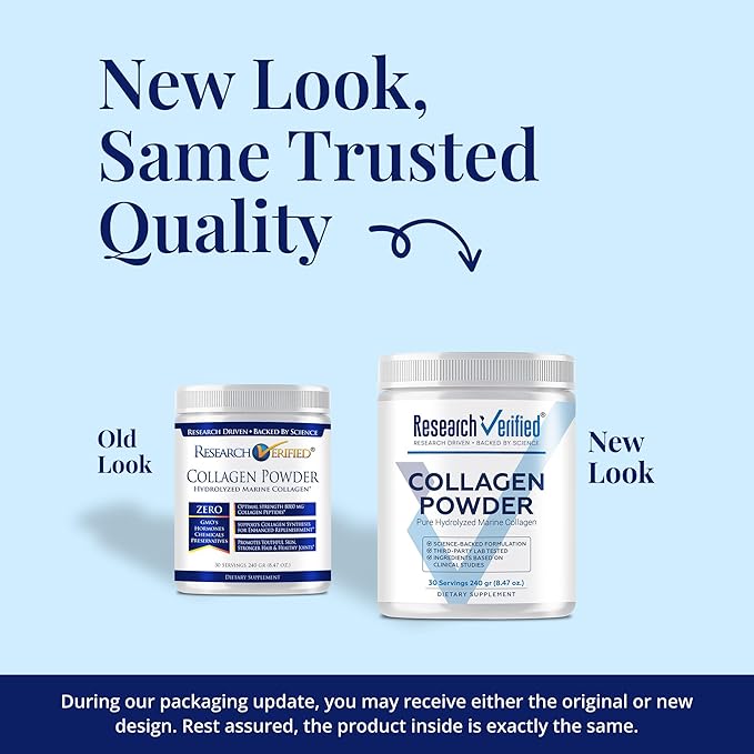 Research Verified® Collagen Powder - Hydrolyzed Marine Collagen Peptides - Unflavored - Skin Hydration and Elasticity, Muscle Recovery, Non GMO - 30 Scoops Per Container - 1 Month Supply