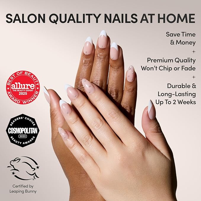 Glamnetic x GLAMZILLA Press On Nails - ALWAYS & FOREVER | Short Almond French Tip Fake Nails with 3D Pearls, Salon Quality Wedding Nails | 15 Sizes - 30 Nail Kit with Glue
