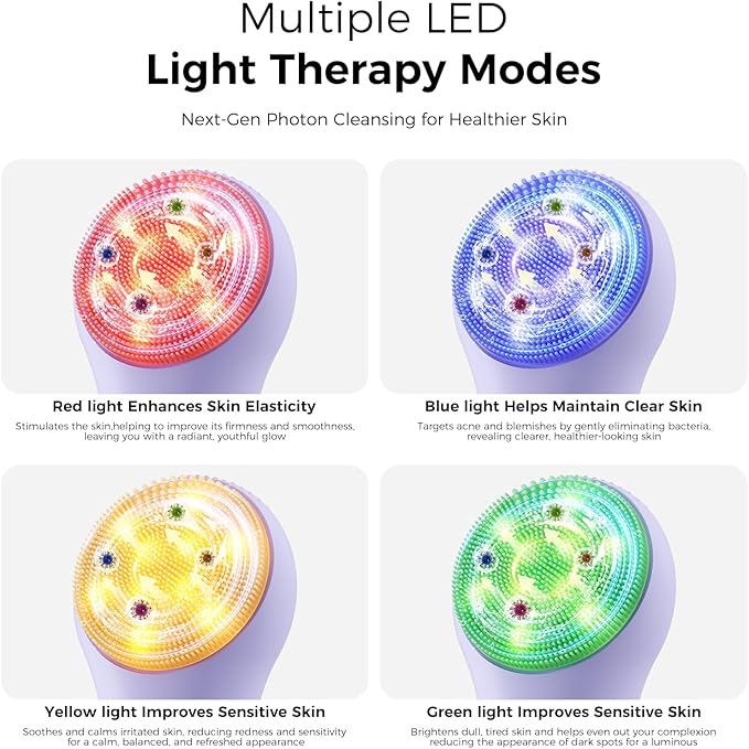 Face Scrubber Facial Cleansing Brush - Waterproof and Rechargeable Face Cleansing Brush with 4 LED Gentle Light, Cleansing, Exfoliating and Massaging, Electric Face Scrub Brush for Men & Women