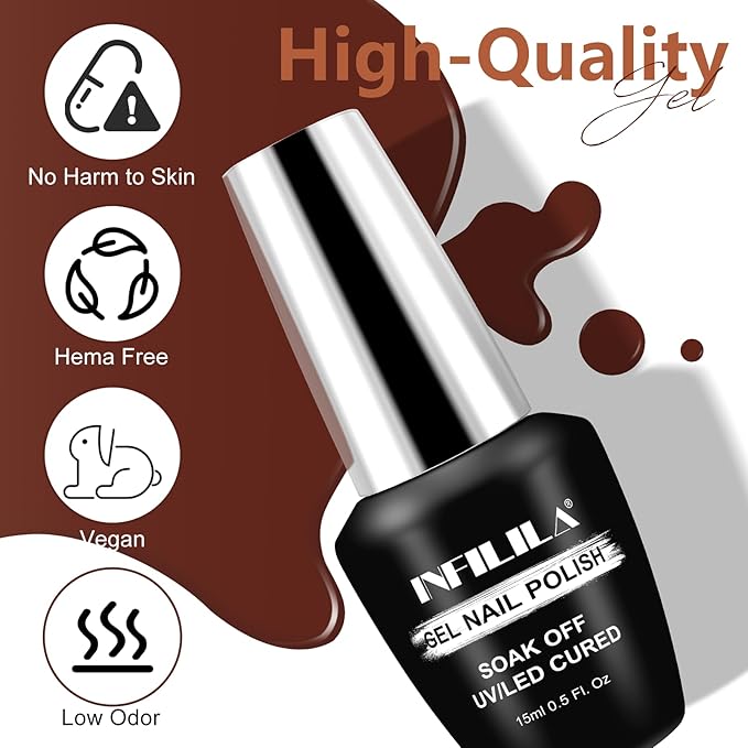 NXJ INFILILA Brown Gel Nail Polish, 15ml 0.51oz Dark Brown Gel Polish One-Stroke Coloring, Hema Free Chocolate Color High Gloss Soak Off UV Nail Manicure DIY for Women Girls SQ039