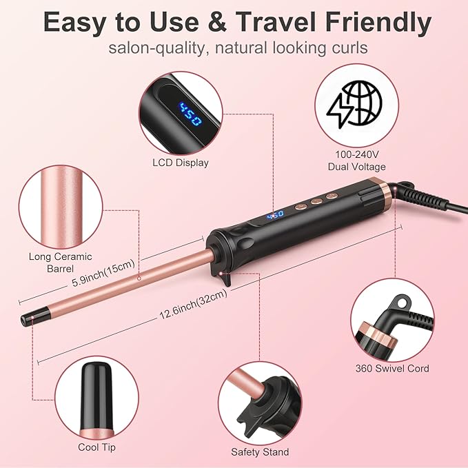 3/8 Inch Curling Iron Wand for Long Short Hair, Small Ceramic Barrel Hair Curler with Adjustable Temperature, 9mm Mini Curling Irons for Springy Spiral Tight Curls, Dual Voltage