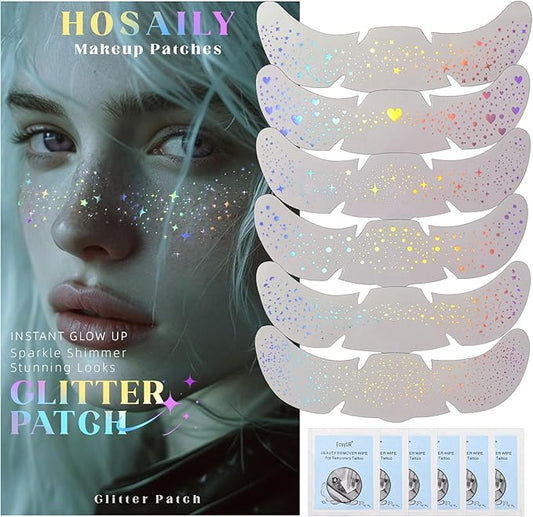 HOSAILY 6 pcs Holographic Glitter Freckles Face Tattoo, Waterproof Sparkle Body Glitter Speckles Patches for Women, Cute Star Glitter Stickers Temporary Tattoo Makeup Accessories for Festival Rave