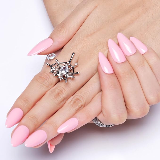 GLAMERMAID Light Pale Pink Press on Nails Medium Almond, Handmade Jelly Soft Gel Pure False Nals, Stiletto Glue on Nails Kit for Women, Reusable Short Oval Stick on Acrylic Fake Nails Manicure Set