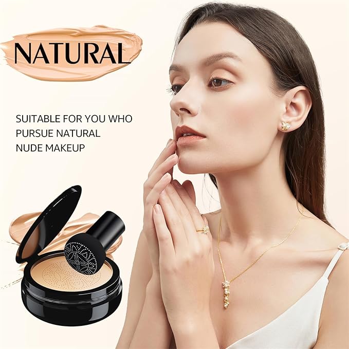 OETUIOW Mushroom Head Air Cushion CC Cream with Setting Powder Makeup Set, Controls Shine & Smooths Complexion, Blurs Fine Lines & Imperfections, Even Skin Tone for All Skin Types (Natural Color)