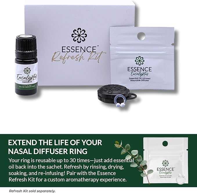Essence Wearable Aromatherapy Nasal Diffuser – Eucalyptus Essential Oil Nose Ring Silicone Inhaler for Stress & Mood Support - Made in USA & Travel-Friendly (3 Pack)