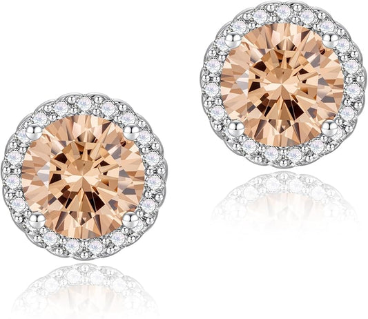 YOMELA Cubic Zirconia Earrings Studs, Halo CZ Birthstone Simulated Diamond Stud Earrings for Women