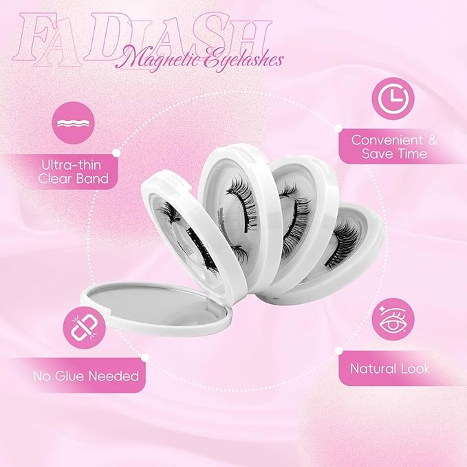 FADLASH Magnetic Eyelashes with Applicator Reusable Magnetic Lashes Natural Look 4 Pairs with Clamp No Glue Needed False Eyelashes Kit Easy to Wear (KS01+B1+MC+K8)