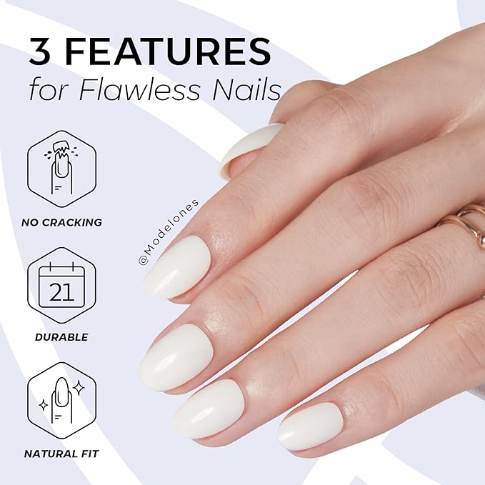modelones Short Press on Nails, Oval Fake Nails Kit Press Ons with Nail Glue, Adhesive Tabs, Nail File, Prep Pad, Manicure Stick, 32Pcs 16 Sizes, Milky White, Valentines