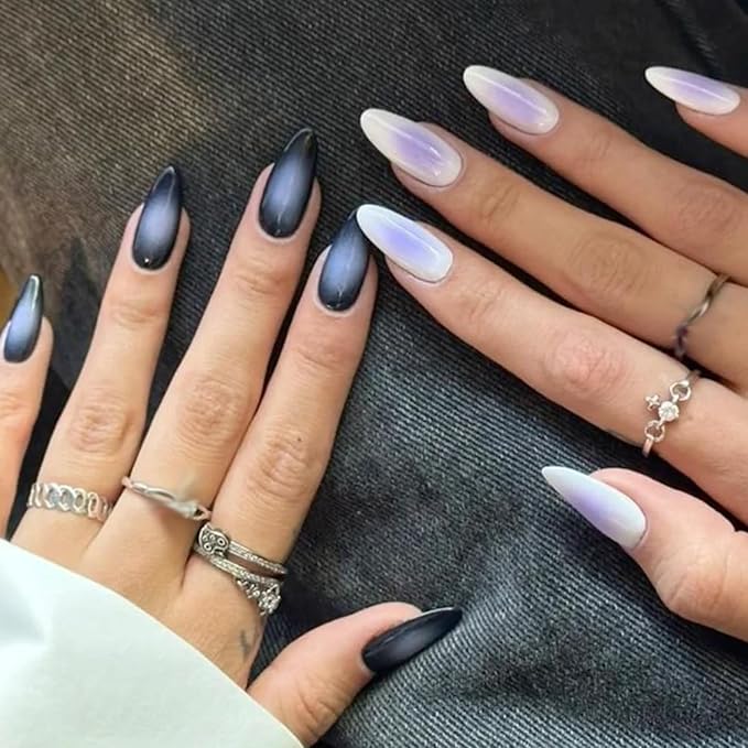 GLAMERMAID Black White Ombre Press on Nails Medium Almond, Purple Aurora Fake Crush Nails, Stiletto Fake Nails, Short Oval Stick Glue on Nails Tips for Women, Reusable Acrylic False Nail Kits