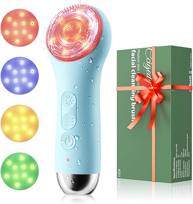 Face Scrubber Facial Cleansing Brush - Waterproof and Rechargeable Face Cleansing Brush with 4 LED Gentle Light, Cleansing, Exfoliating and Massaging, Electric Face Scrub Brush for Men & Women