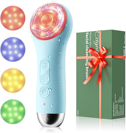 Face Scrubber Facial Cleansing Brush - Waterproof and Rechargeable Face Cleansing Brush with 4 LED Gentle Light, Cleansing, Exfoliating and Massaging, Electric Face Scrub Brush for Men & Women