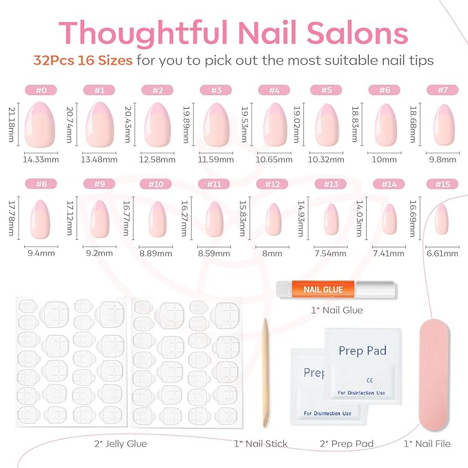 Modelones Pink French Tip Press on Nails Almond Valentine's Day, Short Almond Fake Nails, Nail Kit with Nail Glue Adhesive Tabs Mini Nail File, Nails Press Ons 32Pcs16 Sizes, Women Girl Gift