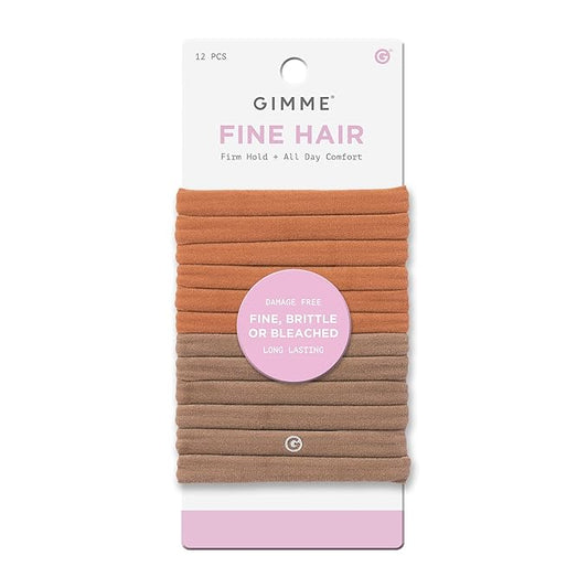 Gimme Beauty Fine Hair Elastic Bands - Slim-Fit Elastic Ties for Fine, Brittle, or Bleached Hair - No-Dent, Gentle-Grip Ponytail Holders for All-Day Comfort - 12 Pack, Brown/Tan