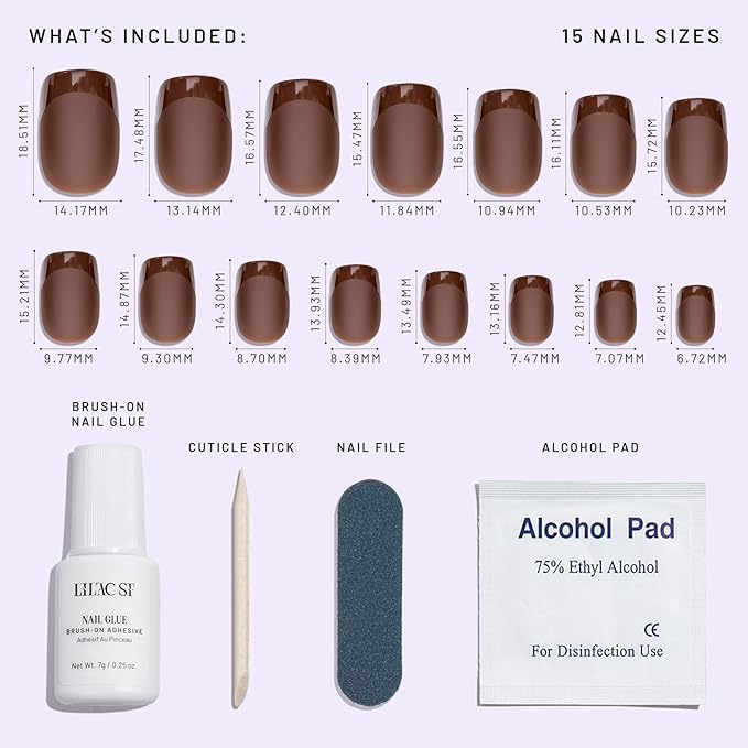 Lilac St - Press on Nails, Semi-Sweet (30 Nails, 15 Sizes) - Short, Square, Matte + Glossy, Opaque - Brush-On Nail Glue, Nail File, Cuticle Stick, Prep Pad - Cruelty Free, Vegan, Women Founded
