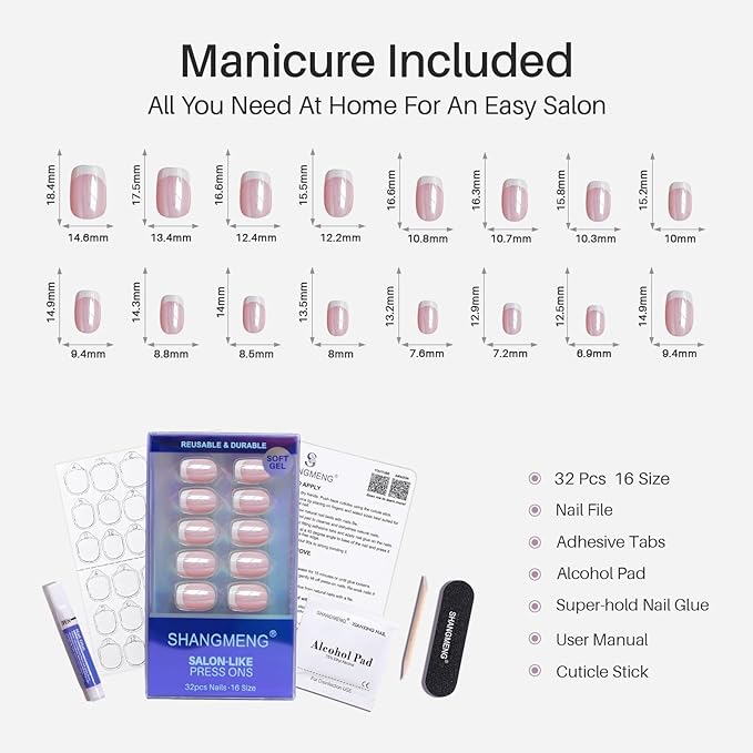 SHANGMENG White Chrome French Tip Press on Nails Short - Soft Gel Press on Nails Square for Women Gift, Glossy Glue on Nails in 16 Sizes - 32 Reusable Fake Nails Kit with Glue, Aurora French