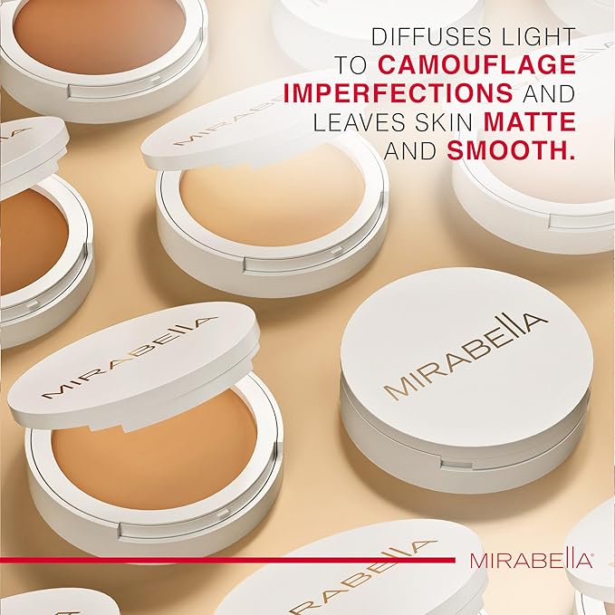 MIRABELLA - Invincible for All Pure Press Foundation, HD-Finish Pressed Powder, Buildable Mineral Pressed Powder Compact with Jojoba & Triglyceride, Age-Defying Makeup for All Skin Types, Porcelain P1