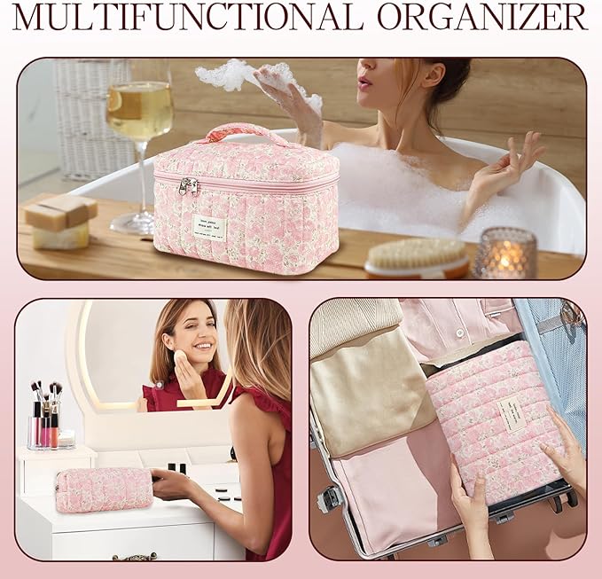 3Pcs Quilted Makeup Bag for Women, Large Travel Makeup Bag Set, Cute Aesthetic Cosmetic Bags, Floral Cotton Makeup Pouch Coquette Toiletry Organizer Bag
