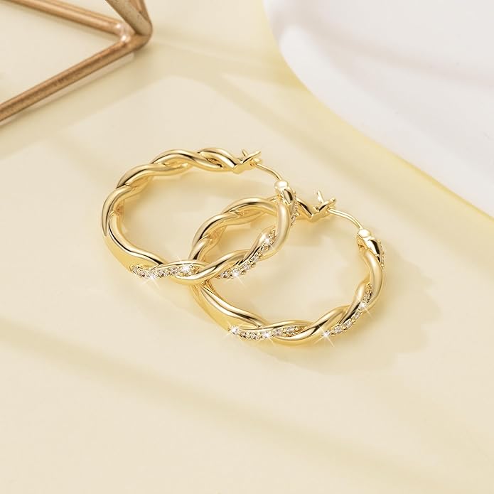 ENROSE Gold Plated Hoop Earrings 14K Gold Plated Earring for Women Twisted Large Hoop Earrings Minimalist Diamond Earring Jewelry 29mm*4mm