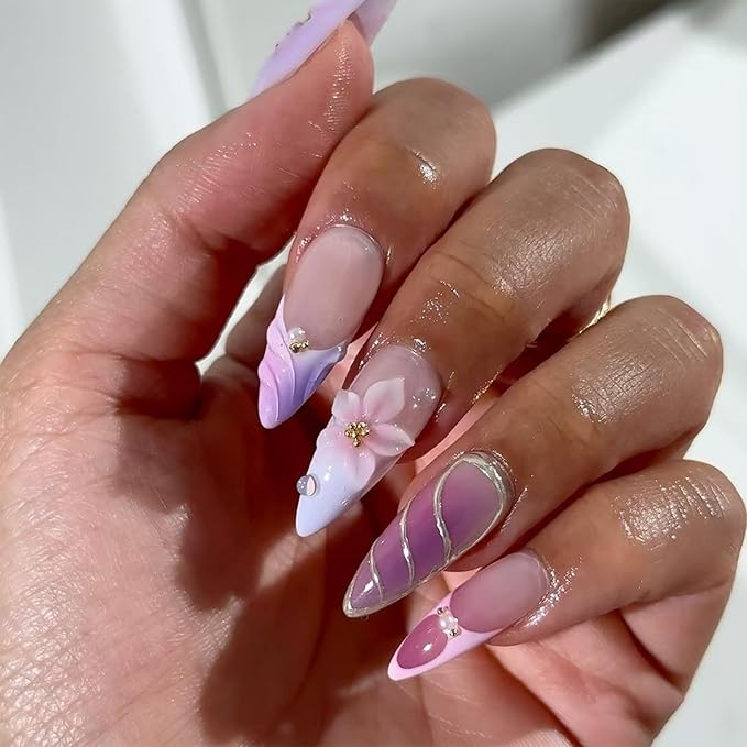 JONKASIPA 24 Pcs Press On Nails, Pink Acrylic Fake Nails French 3D Flower Pearls Decorative Nail Art for Women