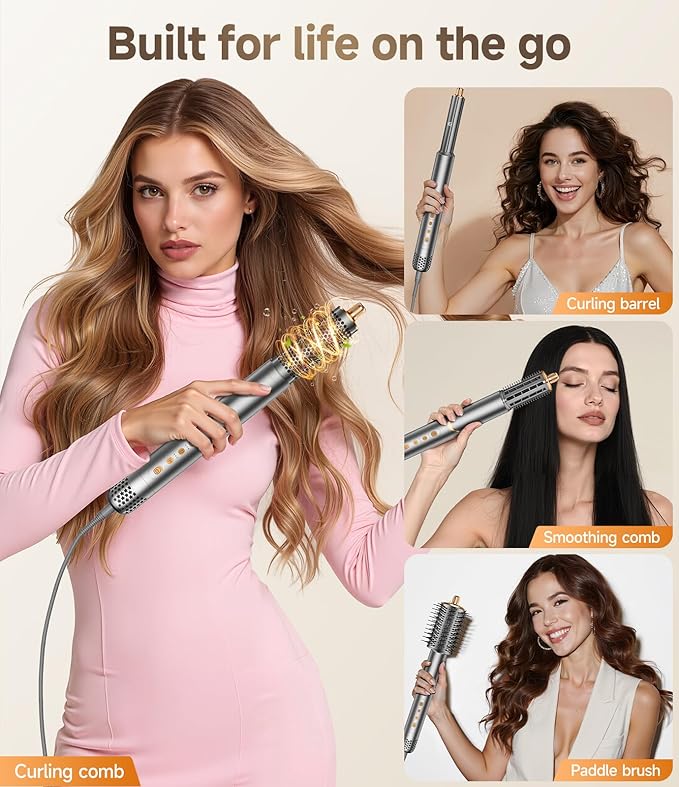 8 in 1 Hair Styler Curler & Air Dryer Brush, High-Speed Negative Ionic Foldable Hair Dryer Fast Drying, Multi Professional Hot Air Styler for Curling Volumizing Straightening Styling(Grey)