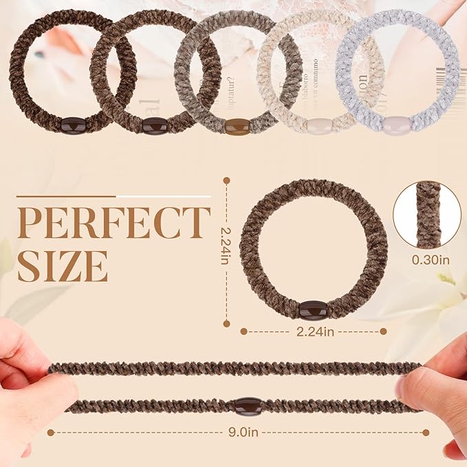 Braided Hair Ties No Damage, 10 Pcs Soft Plush Hair Bands for Women's Hair, Bracelet Hair Elastics & Ponytail Holders for Thick Hair - Brown