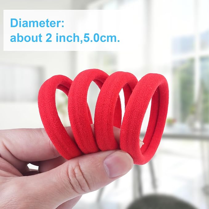 100PCS Red Seamless Hair Ties, Large Gentle Hair Bands No Damage, Soft and Stretchy Cotton Fabric Nylon Elastic Ponytail Holders for Women, 2 Inch in Diameter, by BAOLI