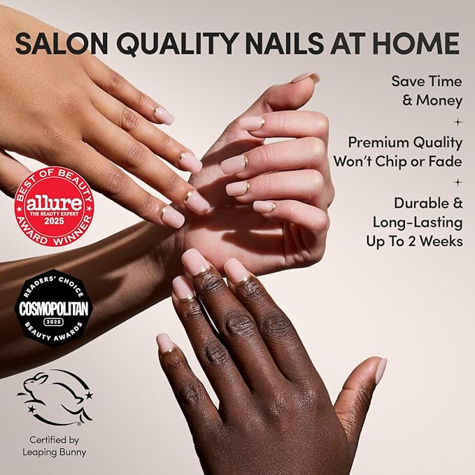 Glamnetic Press On Nails - Goal Setter | Short Squoval Neutral Fake Nails with Gold Reverse French Tip, Salon Quality Nude Nails | 15 Sizes - 30 Nail Kit with Glue