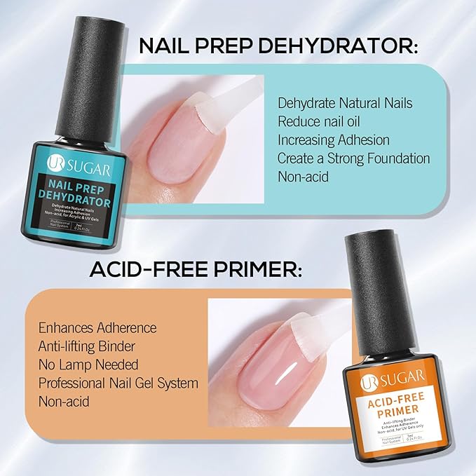 UR SUGAR 4 Pcs Nail Dehydrator Nail-Primer Base and Top Coat, Acid Free Natural Nail Prep Dehydrate & Bond Nail-Primer Kit, Glossy Surface Quick Drying Long Lasting and Easy to Apply