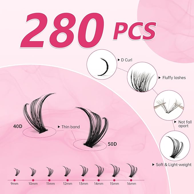 URNNE Lash Extension Kit 280PCS Eyelash Extension Kit 10-16mm Lash Clusters 40D+50D Lash Clusters Kit with Bond, Seal, Remover and Tweezers