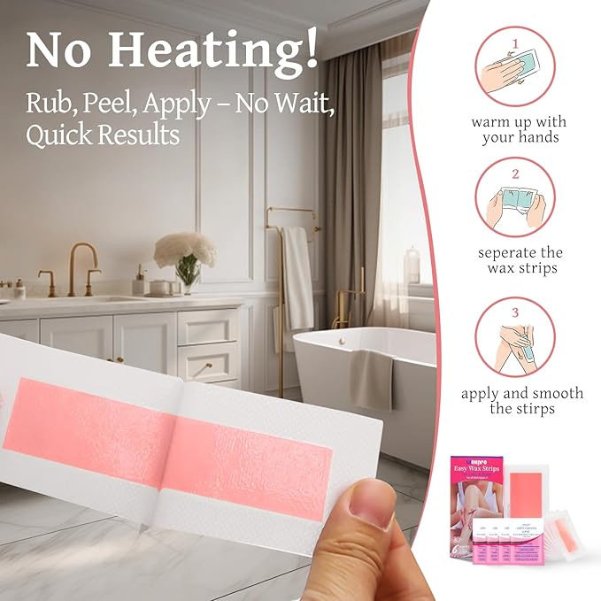 Waxpro Easy Wax Strips for Hair Removal - 60 Counts, 4 Soothing Wipes, No Heat Needed, Quick & Effective Face & Body Waxing Strips for Women, Perfect for Eyebrows, Lip, Leg & Body Hair Removal (Pink)