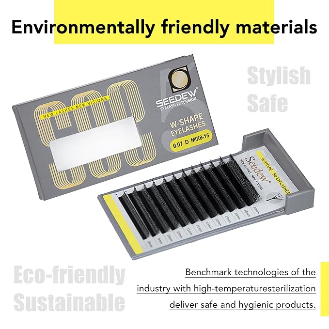 SEEDEW 5D Lash Extensions, 0.07mm D Curl 8mm 12 Rows/Tray, W Shape Flat Stem, Korean PBT Volume False Eyelashes Grafting for Beginner Artist, Lash Tech, Beauty Salon(5D-Matte Black-0.07-D-8mm)