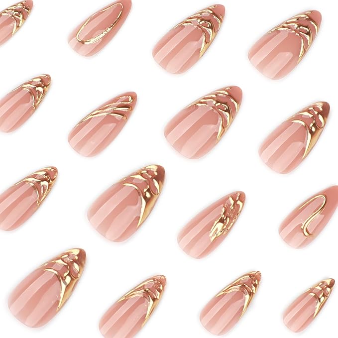 XZMeiLun Medium Almond Press on Nails - Pink Glossy Fake Nails with 3D Gold Line Design, Acrylic Nails with Stiletto Design, Reusable Full Cover Glue-On for Women, French Manicure False Nails - Gift