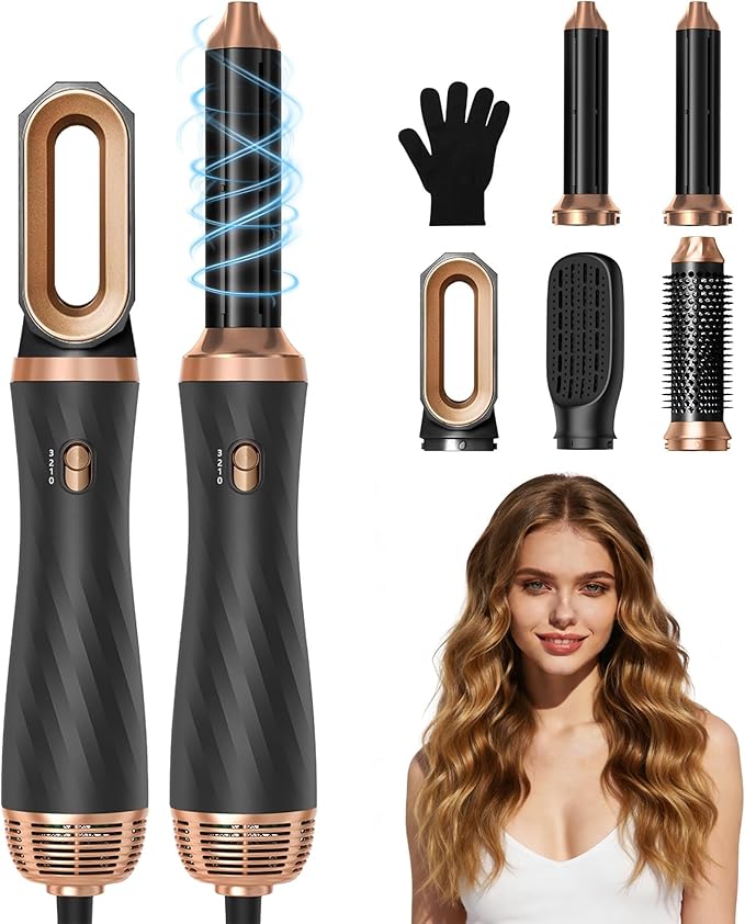 Atopskins 5 in 1 Hair Dryer Brush -Ionic Auto Wrap Curler & Straightener with 3 Heat Settings, Magic Hair Styler Salon-Grade Results for Women, Travel-Friendly Styler with ALCI Plug (A-Black)