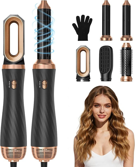 Atopskins 5 in 1 Hair Dryer Brush -Ionic Auto Wrap Curler & Straightener with 3 Heat Settings, Magic Hair Styler Salon-Grade Results for Women, Travel-Friendly Styler with ALCI Plug (A-Black)