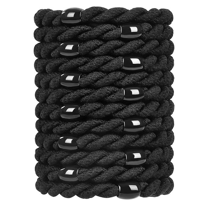 12 pcs Braided Elastic Hair Ties, No-Metal Gentle Secure Hold Ponytail Holders, No Damage or Snagging Hair Bands, Perfect for Girls and Women with Thick or Curly Hair (Black, Color 3)