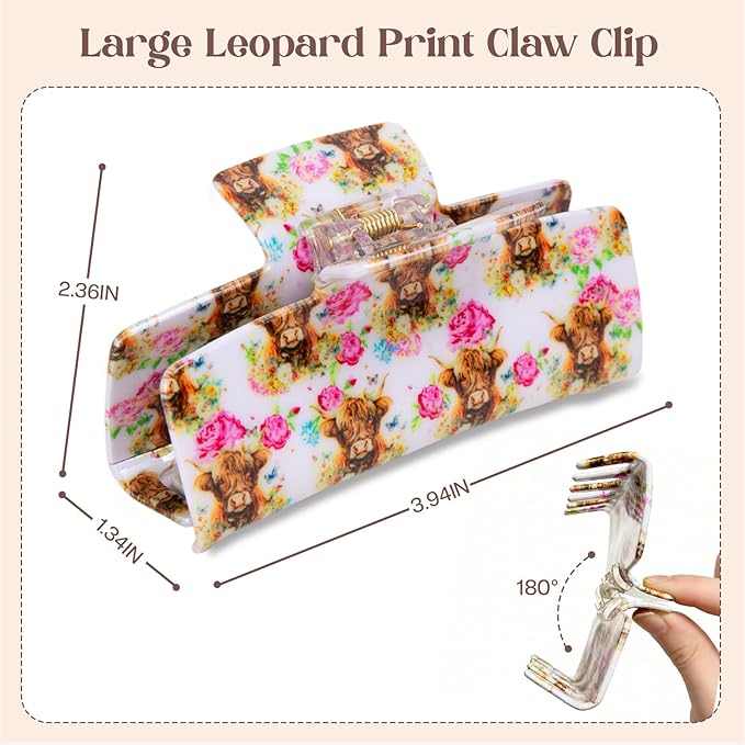 Medium Hair Claw Clip for Women, Highland Cow Floral Print Hair Clip, Strong Hold Non-Slip Jaw Clamp for Thick & Thin Hair, Cute Farm Animal Hair Accessory for Daily Wear, Parties, Travel