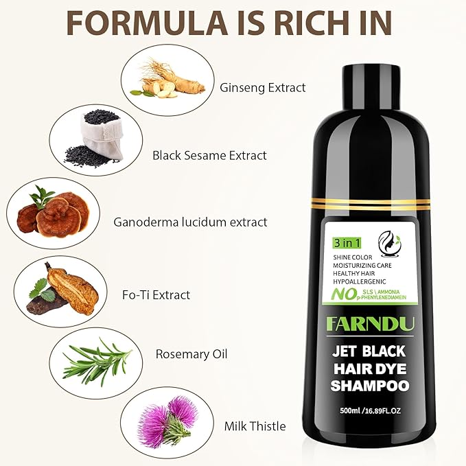 Farndu Jet Black Hair Dye Shampoo Ammonia-free & PPD-free, Gray Hair Coverage Natural Herbal 3 in 1 Hair Color Shampoo for Women Men