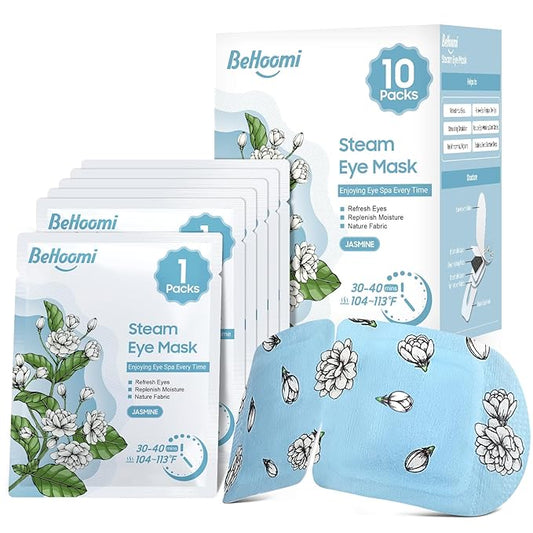 BeHoomi Steam Eye Mask, 10 Packs Heated Eye Mask, Self Heating Disposable SPA Warm Compress for Eyes Sleep Mask, Travel Essentials & Relaxation Gifts, Stocking Stuffers (Jasmine Scent)