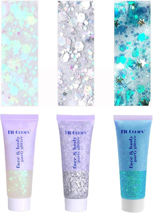 Face Body Glitter, Hair Glitter Sparkles Chunky Face Glitter Gel for Girls Makeup Singer Concerts Mermaid Festival Sequins Face Paint