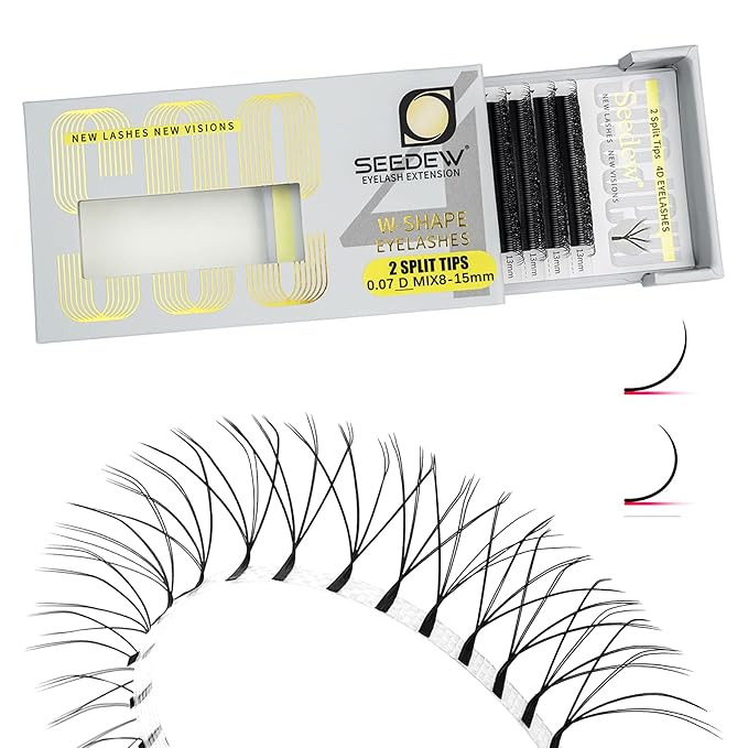 SEEDEW 4D-Double Tips Lash Extensions, 0.07mm D Curl MIX8-15mm 12 Rows/Tray, W Shape 4DD Flat Stem, PBT Volume Eyelashes for Beginner Artist, Lash Tech, Beauty Salon(4DD-Matte Black-0.07-D-MIX8-15mm)