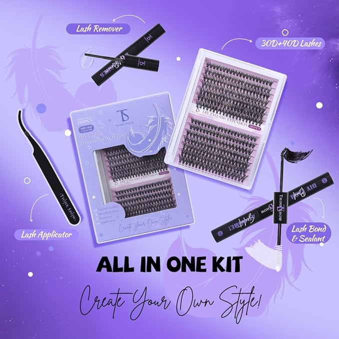 THINK SHOW 280PCS Lash Clusters Kit - 30D & 40D Volume Lashes Clusters, 9-16mm Wispy and Natural Lash Clusters, Easy Apply at Home, Reusable & Cruelty Free Cluster Eyelash Extensions