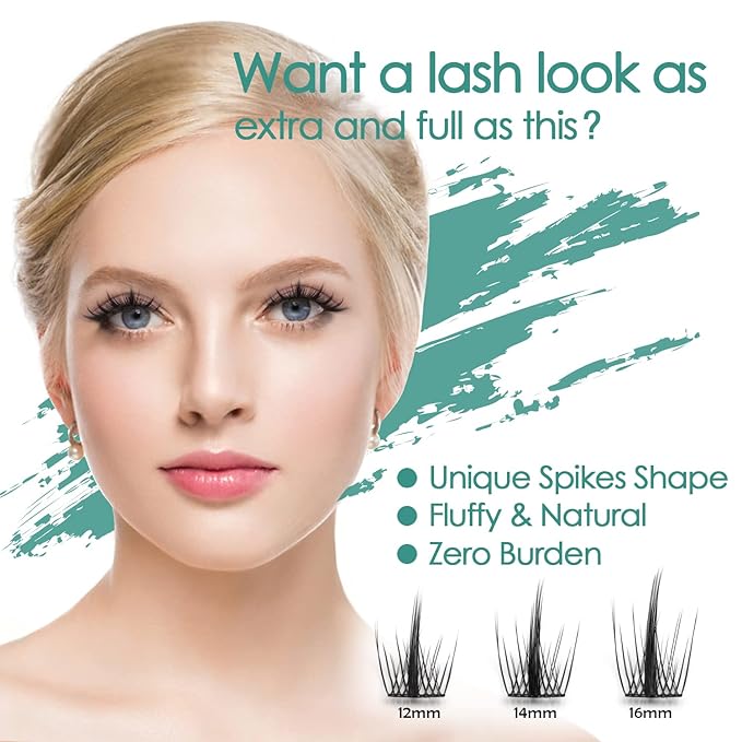 DIY Eyelash Extension, 3D Effect Glue Bonded Band Individual Lash 48 Clusters Volume Lashes Set, Home Eyelash Extension, C curl Lashes Pack 12MM-Spikes-48 Clusters