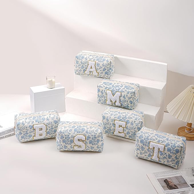 JOVAKIT Alphabet Makeup Bag Cosmetic Bag for Women, Christmas Gifts for Girls Age 6-18, Floral Flowers Coquette Travel Toiletry Zipper Make Up Pouch Organizer Trendy Stuff (Blue Floral E)