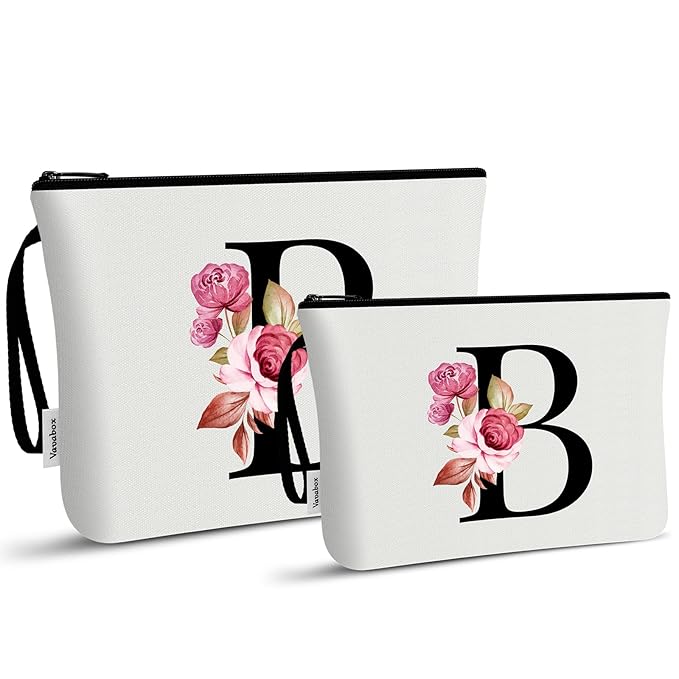 Vavabox A-Z Personalized Makeup Bag, Birthday Gifts for Women Mom, Gifts for Best Friend, Bride Bridesmaid Cosmetic bag (B, 03-White Set)