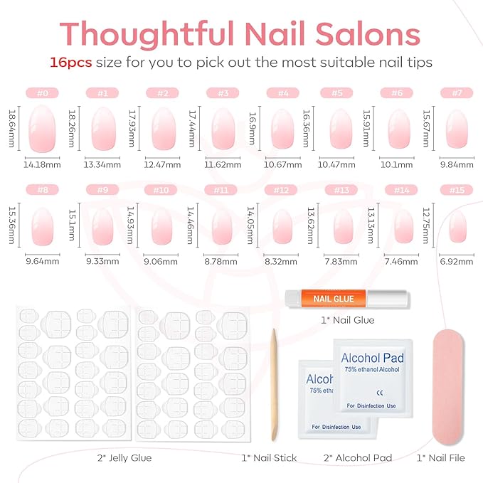 Modelones Press on Nails Short, Oval Valentines Fake Nails, Reusable Nail Kit with Nail Glue Adhesive Tabs Mini Nail File, Nails Press Ons 32Pcs 16Sizes, Women Girl Gift, Pink Ombre