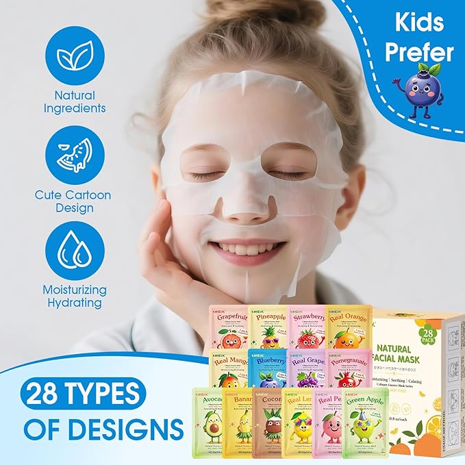 28 Pack Fruit Face Masks Skincare for Kids Girls, Sheet Collagen Face Mask for Women Skin Care, Bulk Hydrating Facial Mask for All Skin Types, Valentines Day Gifts and Party Spa Gifts for Teens