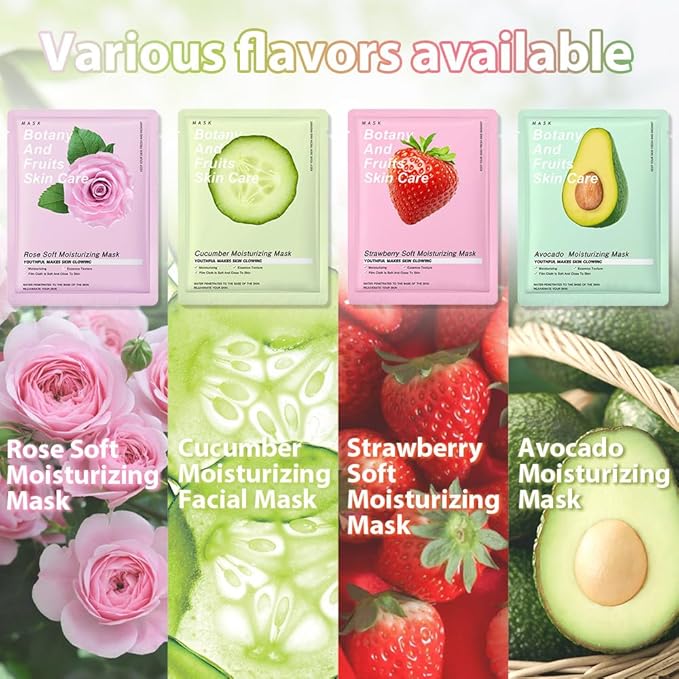 CAKAILA 8 Pack Plants Fruits Face Sheet Mask Skincare,Hydrating Face Mask For Sensitive Skin,Moisturize,Soothing,Nourish for All Skin Types,Natural Spa Party Facial Mask Skincare Set for Women Men