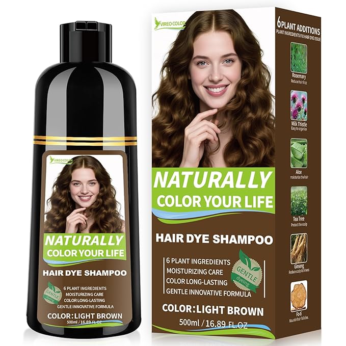 Vireo Color Light Brown Hair Dye Shampoo for Women & Men, 15 Min Gray Coverage, 3 in 1 Semi-Permanent Color with Natural Herbal Ingredients, Lasts 60 Days