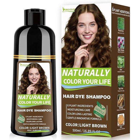 Vireo Color Light Brown Hair Dye Shampoo for Women & Men, 15 Min Gray Coverage, 3 in 1 Semi-Permanent Color with Natural Herbal Ingredients, Lasts 60 Days