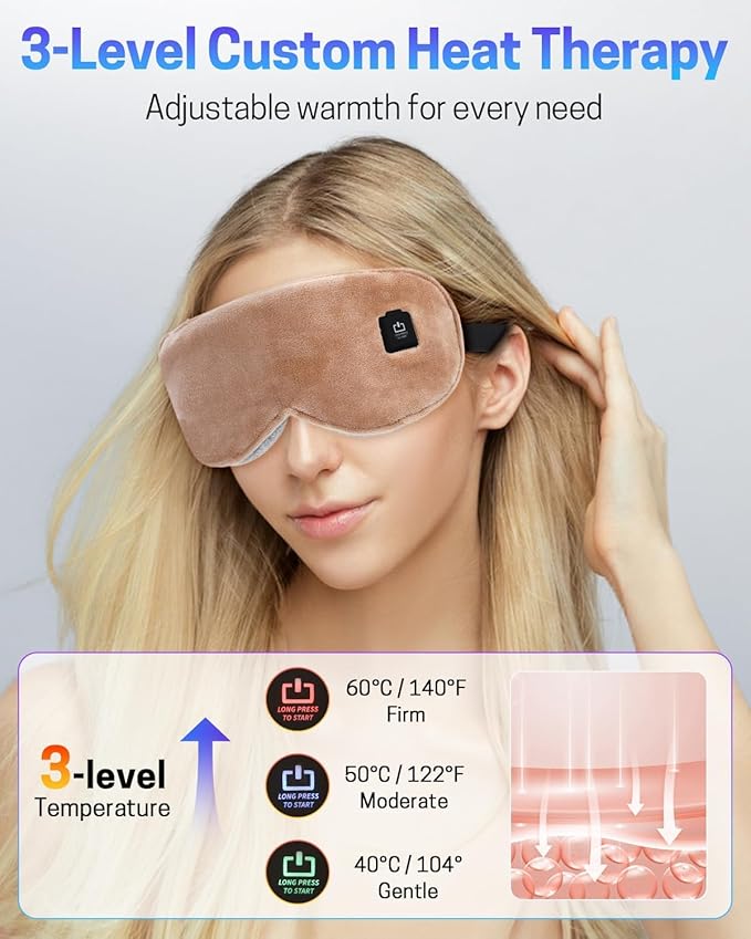 Heated Eye Mask for Dry Eyes, Stye Relief and Improved Sleep - Cordless Rechargeable Warm Compress with Graphene Heating, 3 Temp Settings, Auto Shut-Off, Washable Sleep Mask for Travel